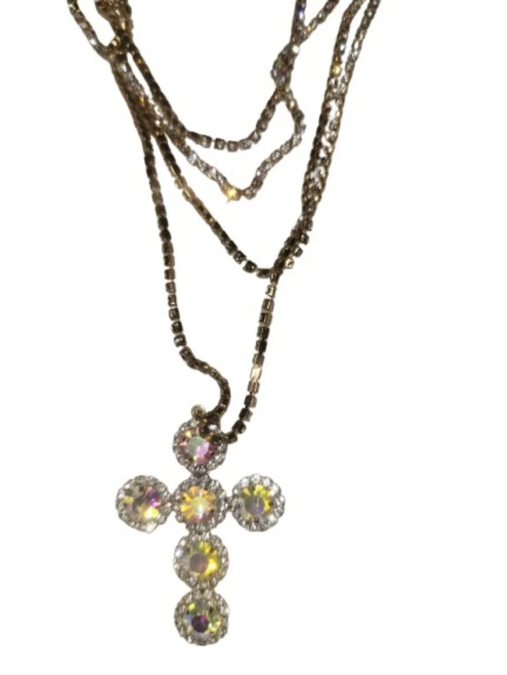 Crystal Multi-Strand Cross Necklace - Silver Tone